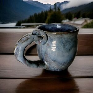 Handthrown Pottery Blue Mug Cup With Handle Signed Thumb Grip Large Handle